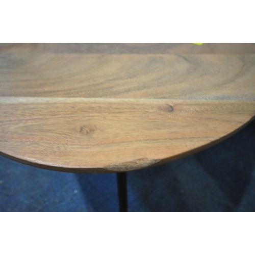 1237 - A TRIANGULAR HARDWOOD COFFEE TABLE, raised on tapered legs, diameter 84cm x height 43cm, along with ... 