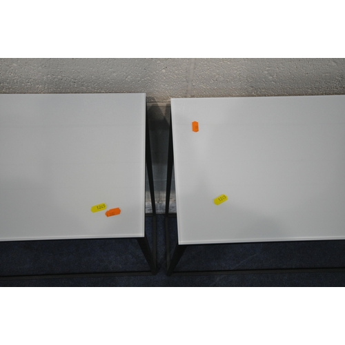 1245 - A PAIR OF RV ASTLEY AMADEO RECTANGULAR SIDE TABLES, with milky glass surface, raised on a metal fram... 