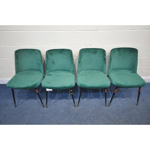 1246 - A SET OF FOUR MODERN CHAIRS, with emerald green plush velvet upholstery, raised on four splayed legs... 