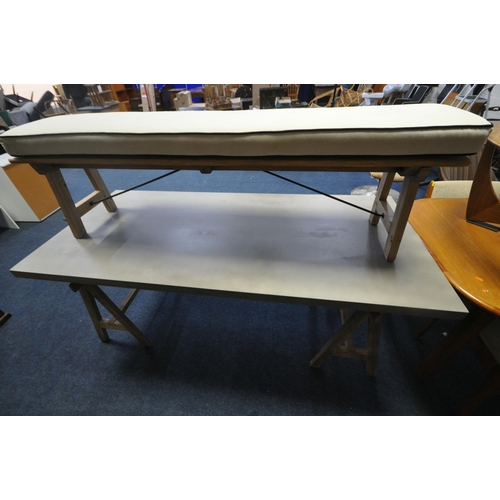 1248 - A MODERN RECTANGULAR DINING TABLE, raised on trestle style legs, length 200cm x depth 90cm x height ... 