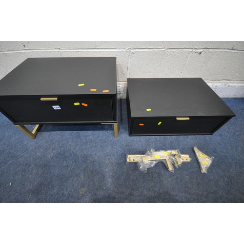 1250 - A PAIR OF EBONISED SINGLE DRAWER BEDSIDE CABINETS, raised on metal legs, width 58cm x depth 40cm x h... 