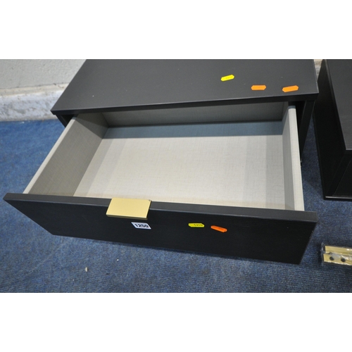 1250 - A PAIR OF EBONISED SINGLE DRAWER BEDSIDE CABINETS, raised on metal legs, width 58cm x depth 40cm x h... 