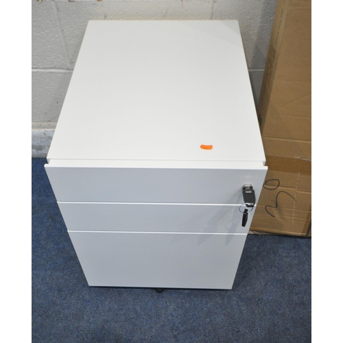 1257 - A BOXED POT CUPBOARD, a boxed Habitat shelving unit, along with a three drawer filing cabinet (condi... 