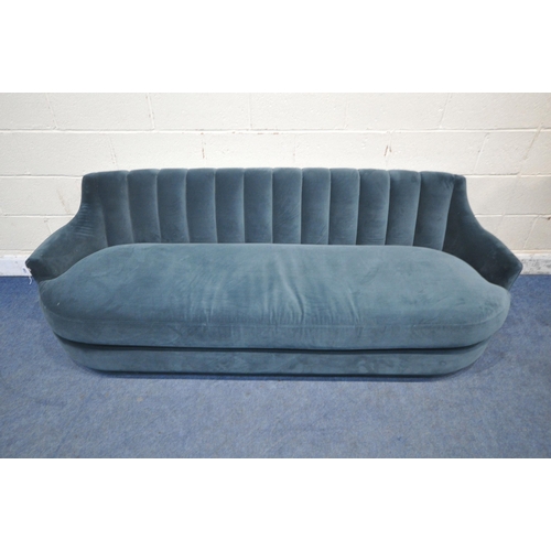 1259 - A BLUE PLUSH VELVET SOFA, of low proportions, length 208cm x depth 84cm x height 66cm x height to se... 