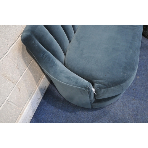 1259 - A BLUE PLUSH VELVET SOFA, of low proportions, length 208cm x depth 84cm x height 66cm x height to se... 