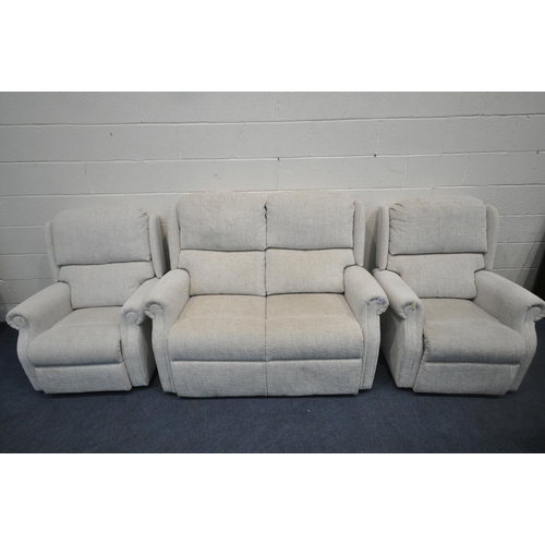 1267 - A BEIGE UPHOLSTERED THREE PIECE LOUNGE SUITE, comprising a two seater sofa, length 142cm x depth 97c... 