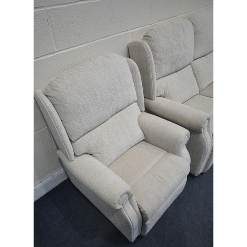 1267 - A BEIGE UPHOLSTERED THREE PIECE LOUNGE SUITE, comprising a two seater sofa, length 142cm x depth 97c... 