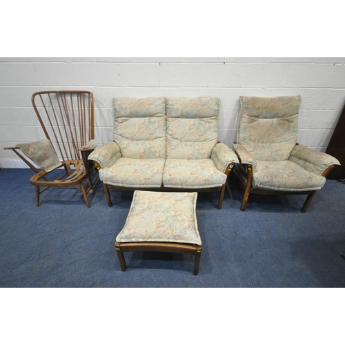 1268 - LUCIAN ERCOLANI, A MID CENTURY ERCOL ELM AND BEECH THREE PIECE SUITE, comprising a two seater sofa, ... 