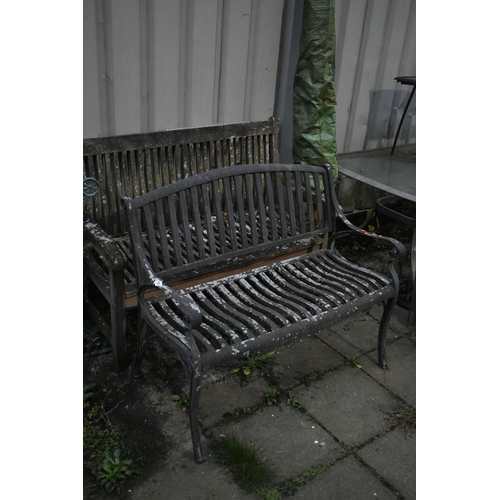 1004 - AN ALUMINIUM GARDEN BENCH, length 105cm, along with a teak garden bench (condition report: both well... 