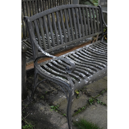 1004 - AN ALUMINIUM GARDEN BENCH, length 105cm, along with a teak garden bench (condition report: both well... 