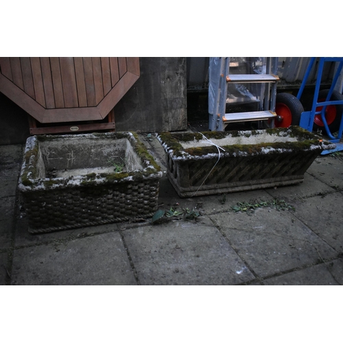 1010 - A WEATHERED COMPOSITE SQUARE PLANTER, with a basket weave design, 55cm squared x height 23cm, along ... 