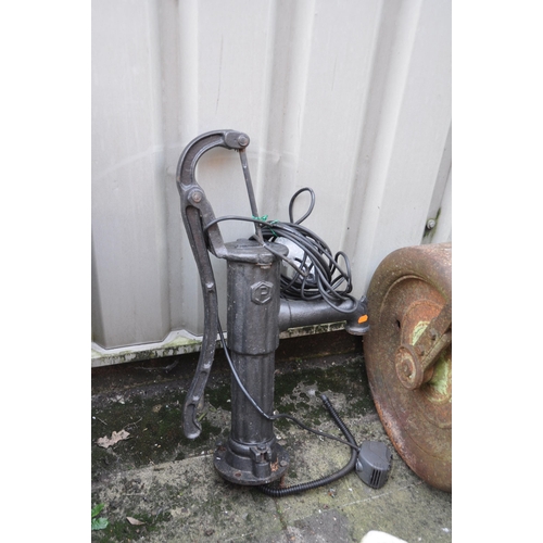 1016 - A VINTAGE CAST IRON GARDEN ROLLER, along with a Victorian style water pump with later electric fitti... 