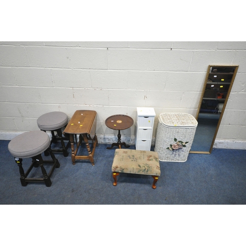 1327 - A PAIR OF OAK CIRCULAR BAR STOOLS, a small drop leaf table, a wine table, another stool, a white thr... 