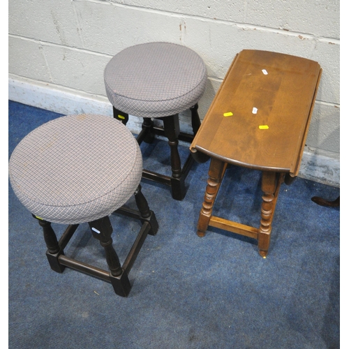 1327 - A PAIR OF OAK CIRCULAR BAR STOOLS, a small drop leaf table, a wine table, another stool, a white thr... 