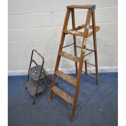 1328 - A SET OF WOODEN FOLDING STEP LADDERS, height 5ft, along with a small set of metal ladders (condition... 