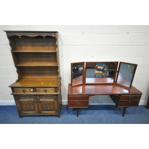 1330 - AN OLD CHARM OAK DRESSER, the two tier plate atop a base with two drawers, and double linenfold cupb... 