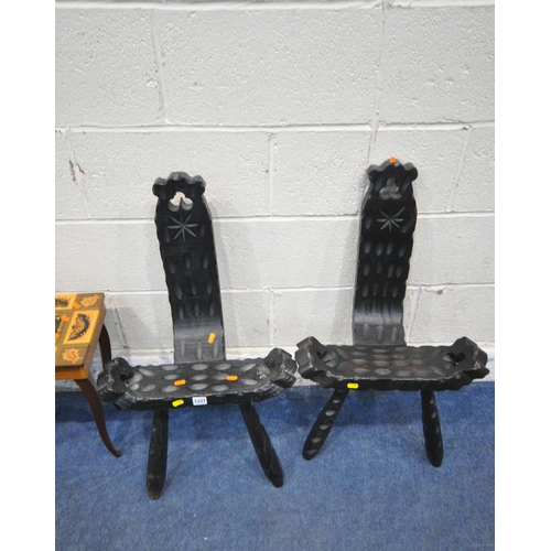 1331 - A PAIR OF EBONISED SPINNING CHAIRS, a sewing box, and a sewing machine (condition report: sewing mac... 