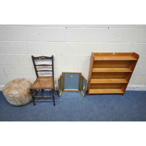 1332 - A SLIM FOUR TIER OPEN BOOKCASE, a triple dressing mirror, a chair, and a stool (condition report: st... 