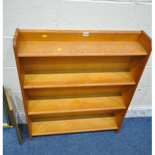 1332 - A SLIM FOUR TIER OPEN BOOKCASE, a triple dressing mirror, a chair, and a stool (condition report: st... 