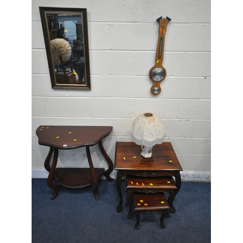 1333 - A LATE 20TH CENTURY MAHOGANY SIDE TABLE, a wall mirror, a nest of three tables, a barometer, and a t... 