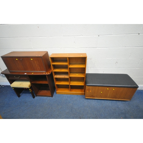 1337 - A MAHOGANY DESK, with a single drawer, a stool, a single section to a teak wall cabinet, a storage s... 