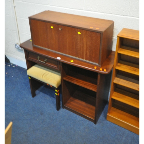 1337 - A MAHOGANY DESK, with a single drawer, a stool, a single section to a teak wall cabinet, a storage s... 