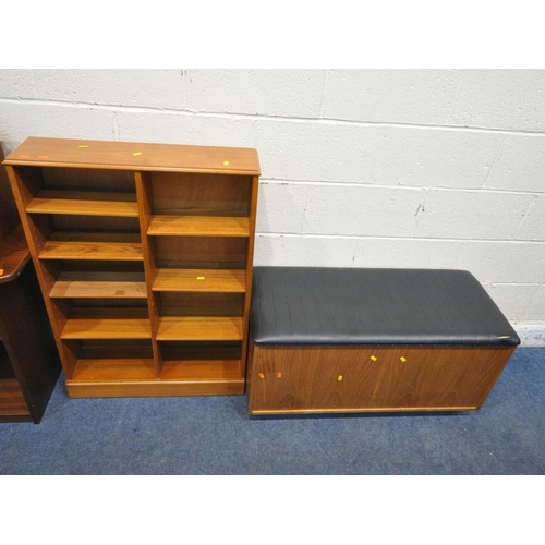 1337 - A MAHOGANY DESK, with a single drawer, a stool, a single section to a teak wall cabinet, a storage s... 