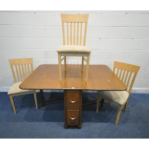 1338 - A 20TH CENTURY OAK DROP LEAF TABLE, with two drawers, raised on castors, open width 149cm x depth 10... 