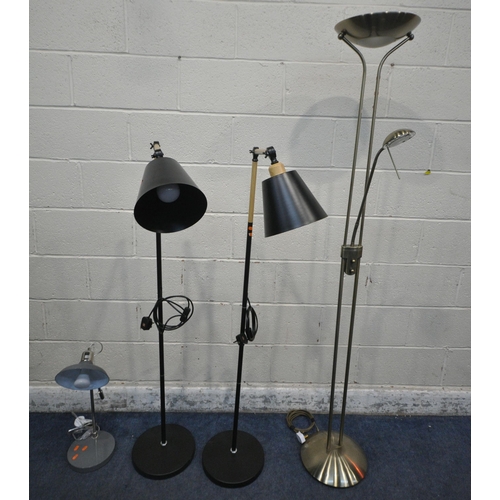 1341 - A PAIR OF MODERN BLACK AND LIGHT WOOD ANGLED FLOOR LAMPS, along with a industrial style desk lamp an... 