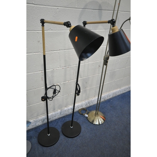 1341 - A PAIR OF MODERN BLACK AND LIGHT WOOD ANGLED FLOOR LAMPS, along with a industrial style desk lamp an... 