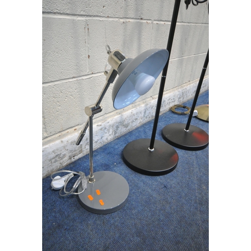 1341 - A PAIR OF MODERN BLACK AND LIGHT WOOD ANGLED FLOOR LAMPS, along with a industrial style desk lamp an... 