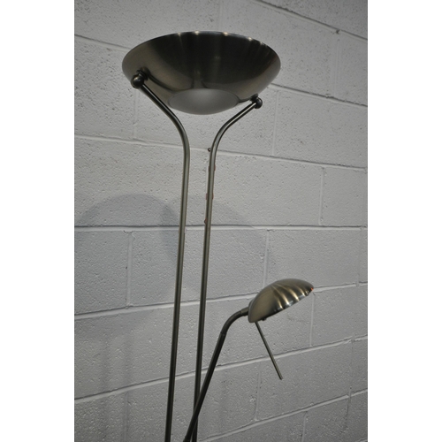 1341 - A PAIR OF MODERN BLACK AND LIGHT WOOD ANGLED FLOOR LAMPS, along with a industrial style desk lamp an... 