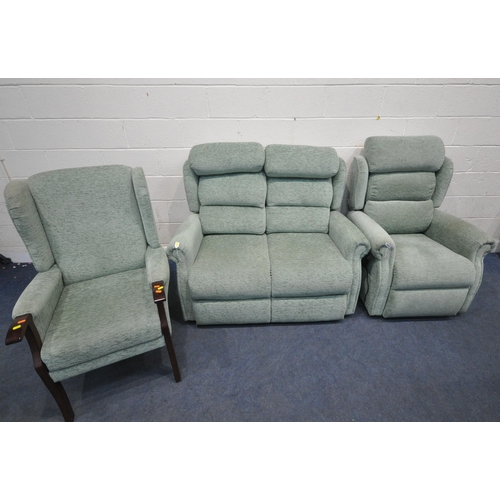 1343 - A MIDDLETON GREEN UPHOLSTERED LOUNGE SUITE, comprising an electric rise and recline armchair, a two ... 