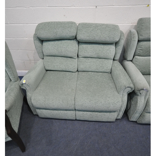 1343 - A MIDDLETON GREEN UPHOLSTERED LOUNGE SUITE, comprising an electric rise and recline armchair, a two ... 