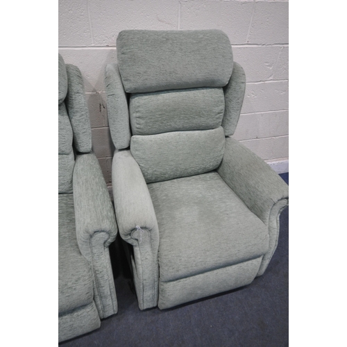 1343 - A MIDDLETON GREEN UPHOLSTERED LOUNGE SUITE, comprising an electric rise and recline armchair, a two ... 