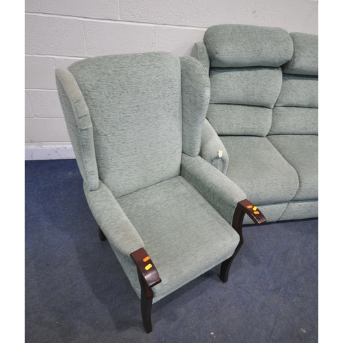 1343 - A MIDDLETON GREEN UPHOLSTERED LOUNGE SUITE, comprising an electric rise and recline armchair, a two ... 