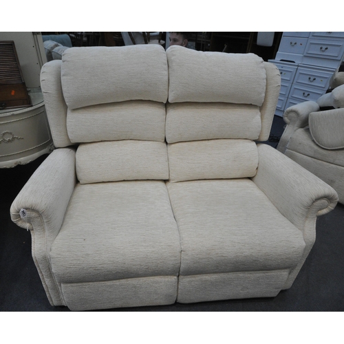 1344 - A BEIGE UPHOLSTERED TWO SEATER SOFA, length 135cm (condition report: overall good condition)