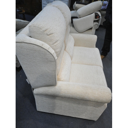 1344 - A BEIGE UPHOLSTERED TWO SEATER SOFA, length 135cm (condition report: overall good condition)