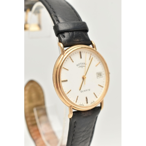 11 - A GENTS 9CT GOLD 'ROTARY' WRISTWATCH, quartz movement, round white dial signed 'Rotary Quartz', bato... 