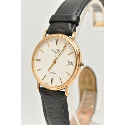 11 - A GENTS 9CT GOLD 'ROTARY' WRISTWATCH, quartz movement, round white dial signed 'Rotary Quartz', bato... 