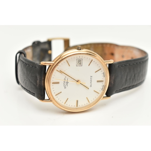 11 - A GENTS 9CT GOLD 'ROTARY' WRISTWATCH, quartz movement, round white dial signed 'Rotary Quartz', bato... 