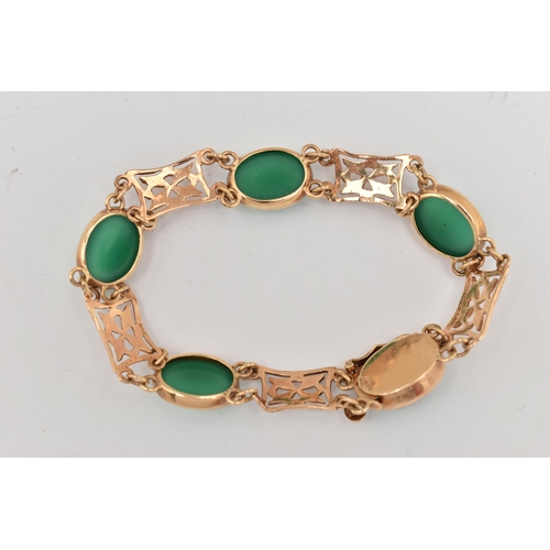 19 - A 9CT GOLD GEM SET BRACELET, a rose gold bracelet designed as open work panels interspaced with five... 