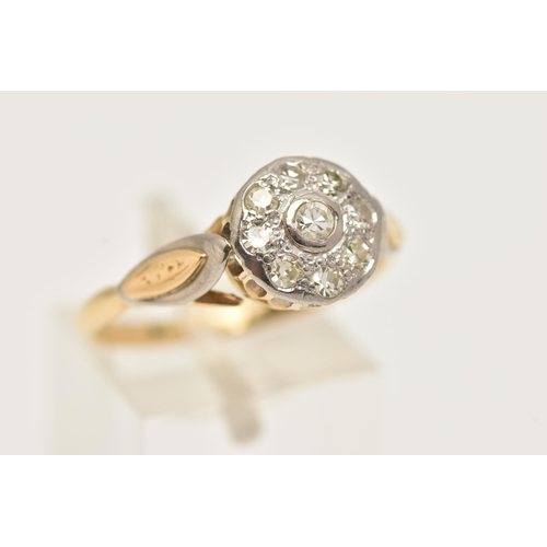 20 - A YELLOW METAL DIAMOND CLUSTER RING, of a circular form set with nine single cut diamonds, in a whit... 