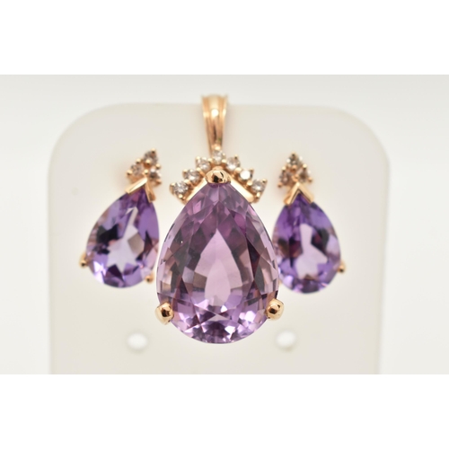 23 - A PAIR OF 14CT GOLD AMETHYST AND DIAMOND EARRINGS WITH MATCHING PENDANT, each earring set with a pea... 