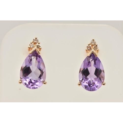 23 - A PAIR OF 14CT GOLD AMETHYST AND DIAMOND EARRINGS WITH MATCHING PENDANT, each earring set with a pea... 