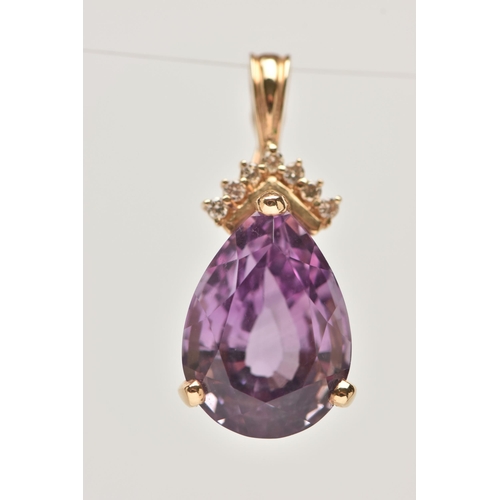 23 - A PAIR OF 14CT GOLD AMETHYST AND DIAMOND EARRINGS WITH MATCHING PENDANT, each earring set with a pea... 