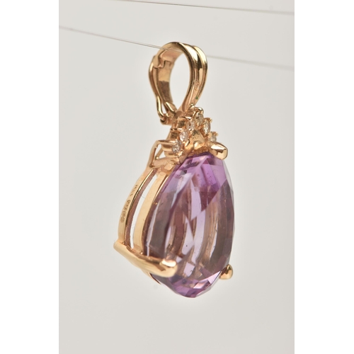 23 - A PAIR OF 14CT GOLD AMETHYST AND DIAMOND EARRINGS WITH MATCHING PENDANT, each earring set with a pea... 