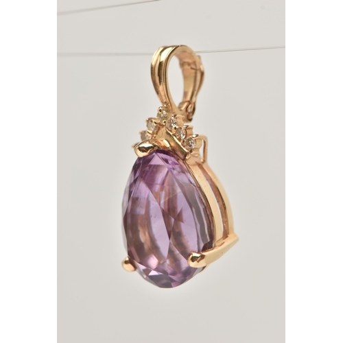 23 - A PAIR OF 14CT GOLD AMETHYST AND DIAMOND EARRINGS WITH MATCHING PENDANT, each earring set with a pea... 