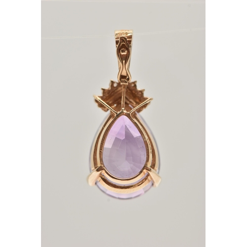 23 - A PAIR OF 14CT GOLD AMETHYST AND DIAMOND EARRINGS WITH MATCHING PENDANT, each earring set with a pea... 