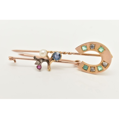 24 - A YELLOW METAL EMERALD AND DIAMOND STICK PIN WITH A YELLOW METAL GEM SET BROOCH, the stick pin desig... 